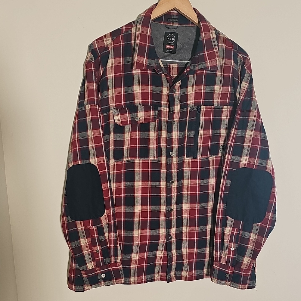 AGT Red and Blue Mens Plaid Shirt with Elbow Patches. 2XL. 2 Chest Pockets.